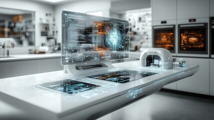 Futuristic kitchen featuring holographic cooking technology in a modern home setting