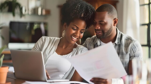 Couple reviewing mortgage documents in their new home office