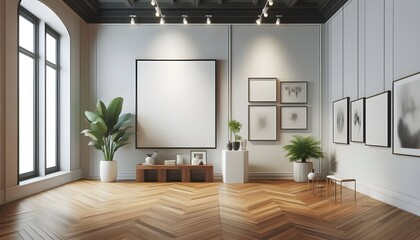 Blank white canvas in gallery room with wooden floor. 3D Rendering