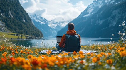 Man Working on Laptop with Mountain View.