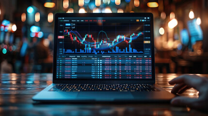 Laptop screen sports betting, front view, hands on laptop, showcasing financial charts with upward trending graphs and lines that symbolize positive trading results of growth, futuristic. - Powered by Adobe