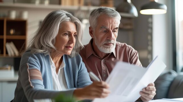 Couple reviewing mortgage documents in their new home office