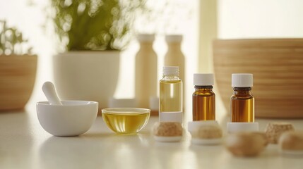 Glass Bottles of Essential Oil with Mortar and Pestle, Bowl of Oil, and Wooden Spoons