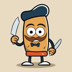 Cute French bread mascot holding a knife illustration
