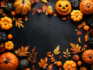 Halloween background with pumpkins. Halloween party border flat