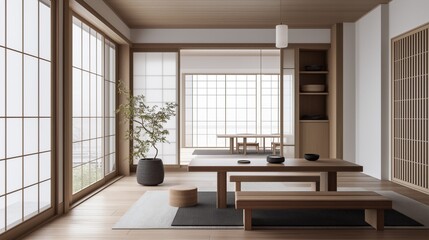 Minimalist Japandi-style living room with dining table