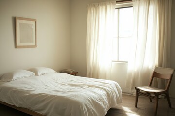 Modern Bedroom with White Curtains and Sunlight.