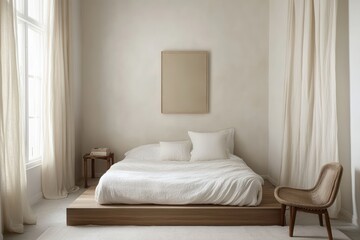 Minimalist Bedroom Interior with White Bed and Wooden Platform