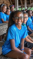 Fototapeta premium A young girl smiles while sitting with her friends. AI.