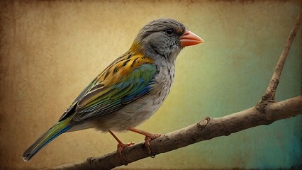 Obraz premium Abstract illustration texture of a colorful bird with yellow, blue, white, black colors standing on a branch with old yellow background