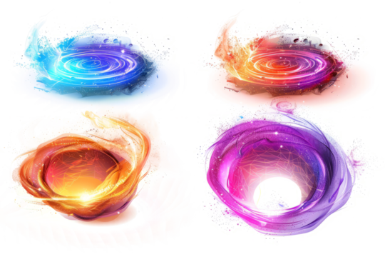 magical portals, each portal framed by swirling vortexes of light and color on a white background.