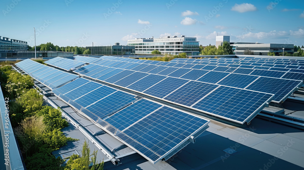 Poster drone shot of solar panels on a business rooftop in a business park in summer. next to the solar pan