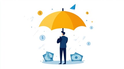 Financial security on payday, person holding umbrella over cash