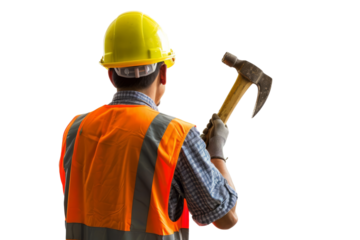 A construction worker in a hard hat and safety vest, holding a hammer on white background.