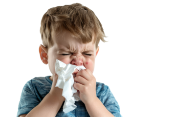 A crying little boy with a crumpled tissue in his hand, against a white background.