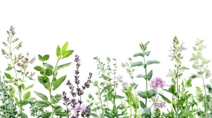 A Delicate Arrangement of Lavender, Mint, and Other Herbs Against a White Background