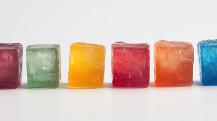 A row of vibrant ice cubes in various colors rests on a clean white surface, ready to chill drinks and enhance summer vibes