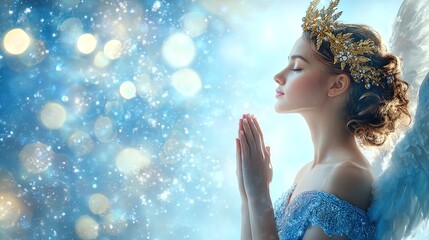 Serene Angelic Figure with Golden Crown in Ornate Blue Gown: A Stunning Poster for Spiritual Decor and Tranquil Spaces, Featuring Radiant Blue and White Background with Shimmering Lights