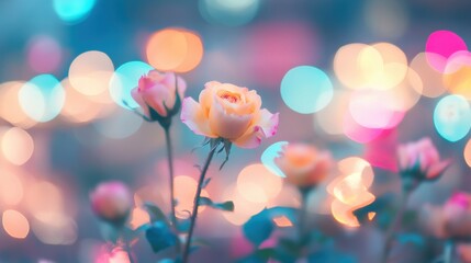 Vibrant rainbow roses stand out against a backdrop of shimmering bokeh lights, creating a mesmerizing and enchanting ambiance