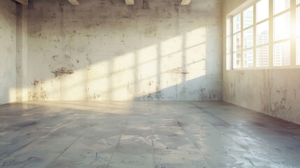 The spacious studio features an organized lighting setup, illuminated by warm sunlight pouring through expansive windows