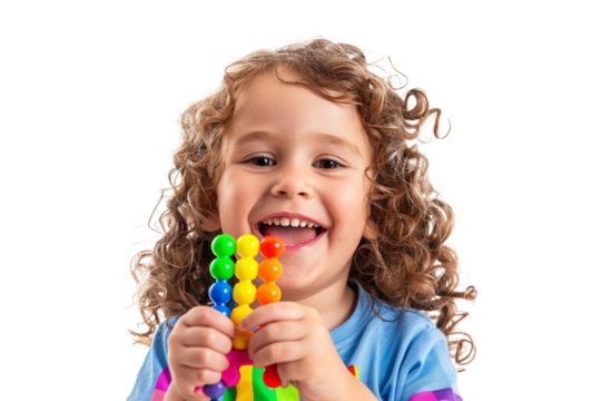 A first-grade student holding a colorful toy, giggling with delight, their eyes sparkling with happiness, on a white background.