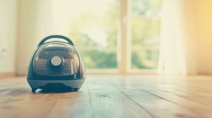 Fototapeta premium A modern vacuum cleaner rests on wooden floors in a sunlit room, showcasing an efficient cleaning solution for home use