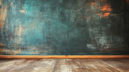 The empty chalkboard stands prominently against a rustic wooden floor, inviting thoughts and ideas for future lessons in an inspiring environment