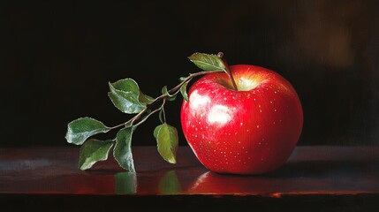 Elegant Red Apple with Green Vine on Dark Table: Perfect for Sporty Interior Posters and Inspirational Art D&eacute;cor