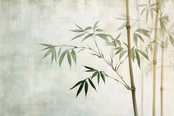 Serene painting of bamboo with delicate light green leaves, evoking tranquility and nature's elegance in a soft, muted color palette, perfect for creating a calming atmosphere.