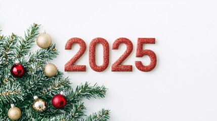 Numerals representing the year 2025 are arranged next to a Christmas tree decorated with shiny gold and red ornaments
