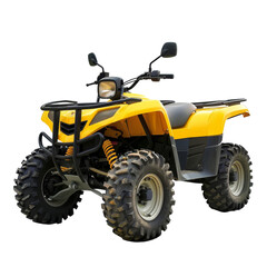 Obraz premium Yellow all-terrain vehicle parked on a transparent background showcasing its design and features, ideal for outdoor adventures and recreation