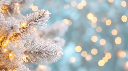 A frosted pine branch illuminated by twinkling holiday lights creates a cozy atmosphere, capturing the essence of winter festivities beautifully