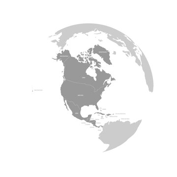 recommend clip art: North America continent dark blue highlighted silhouette on Earth globe. Country name labels visible. Vector illustration