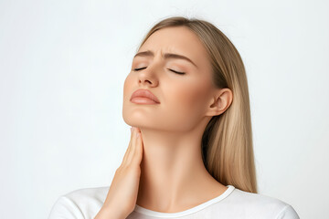 American beautiful woman with neck pain. Concept of sore throat, pharyngitis, laryngitis, choking
