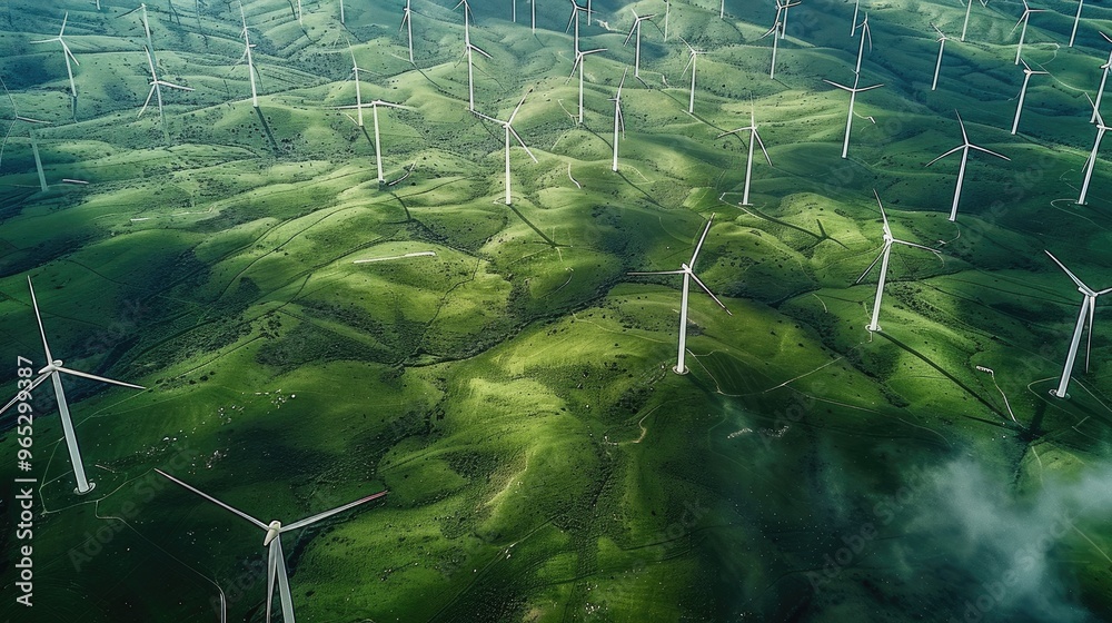 Poster minimalist overhead, top down shot of many wind turbines in green field. generative ai.