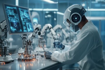 Scientist with robotic arm in futuristic lab.