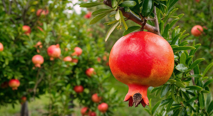 Obraz premium Fresh pomegranates on a tree with a pomegranate garden background