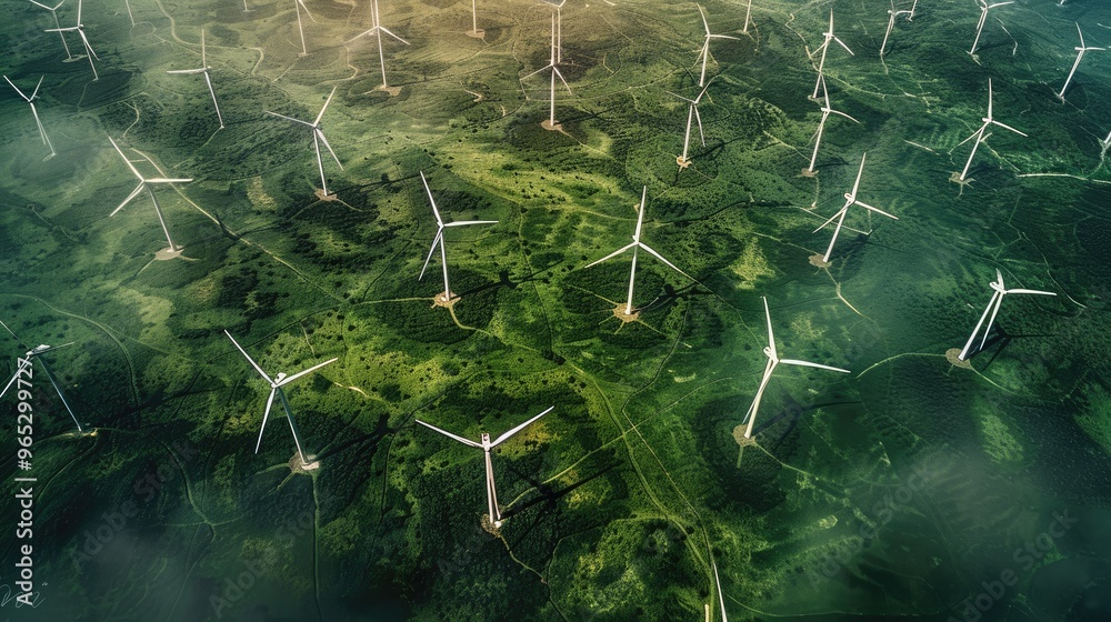 Aufkleber minimalist overhead, top down shot of many wind turbines in green field. generative ai.