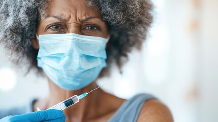 A healthcare worker provides a vaccine to an elderly woman in a clinical environment during the ongoing health crisis