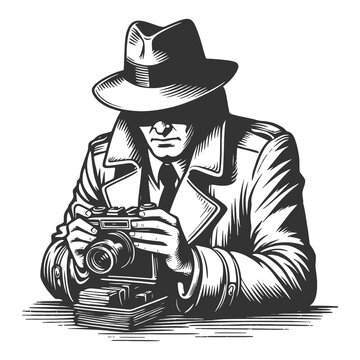 recommend clip art: spy paparazzi detective photographer, classic noir style sketch engraving generative ai fictional character raster illustration. Scratch board imitation. Black and white image.