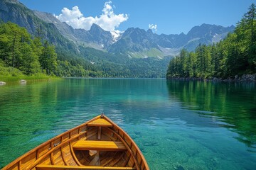 Obraz premium Wooden Rowboat on Tranquil Mountain Lake with Crystal Clear Water