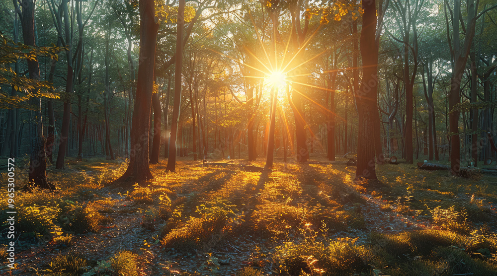 Poster A tranquil forest clearing at sunset, with the warm light filtering through the trees and creating long shadows on the forest floor. Generative AI.