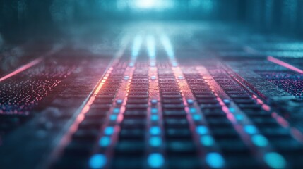 Soft glowing lights dance across the surface of a futuristic platform, creating a mesmerizing digital landscape