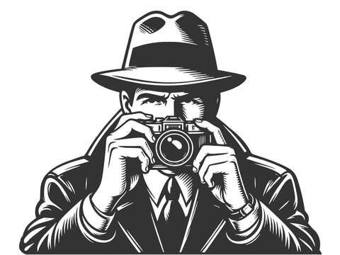 recommend clip art: spy paparazzi detective photographer, classic noir style sketch engraving generative ai fictional character raster illustration. Scratch board imitation. Black and white image.