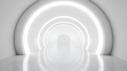 Obraz premium The corridor features smooth, reflective surfaces and a series of bright white lights creating a spacious, modern atmosphere