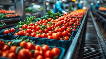 Fresh Tomatoes On Conveyor Belt In Food Factory