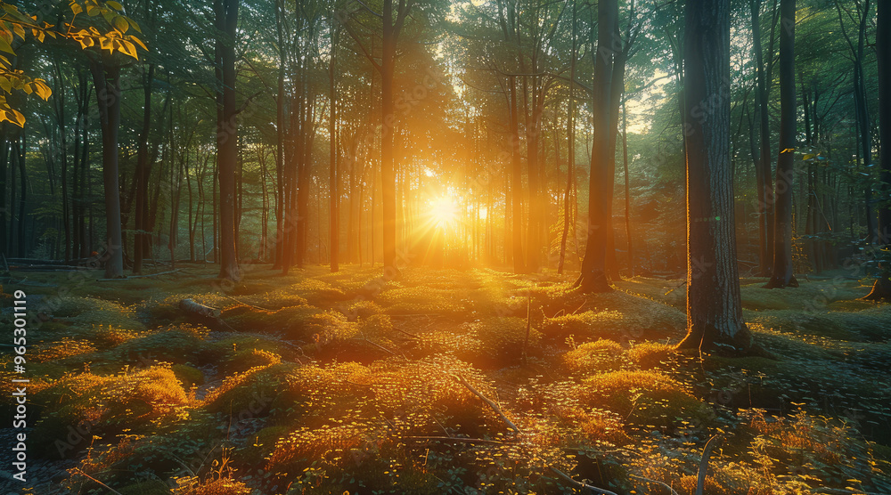 Poster A tranquil forest clearing at sunset, with the warm light filtering through the trees and creating long shadows on the forest floor. Generative AI.