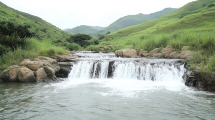 Obraz premium A peaceful waterfall flows gently over stones, surrounded by vibrant greenery and rolling hills under a bright sky