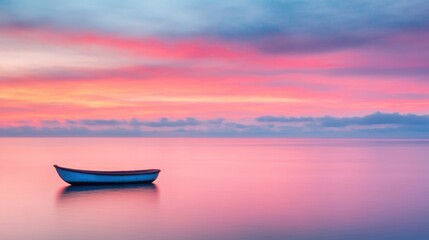 Naklejka premium A small boat floats serenely on calm waters at dawn, reflecting the stunning colors of the early morning sky