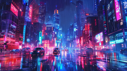  Generative Ai Technology Abstract concept of the urban street at night, red blue neon city, background with geometric shapes 